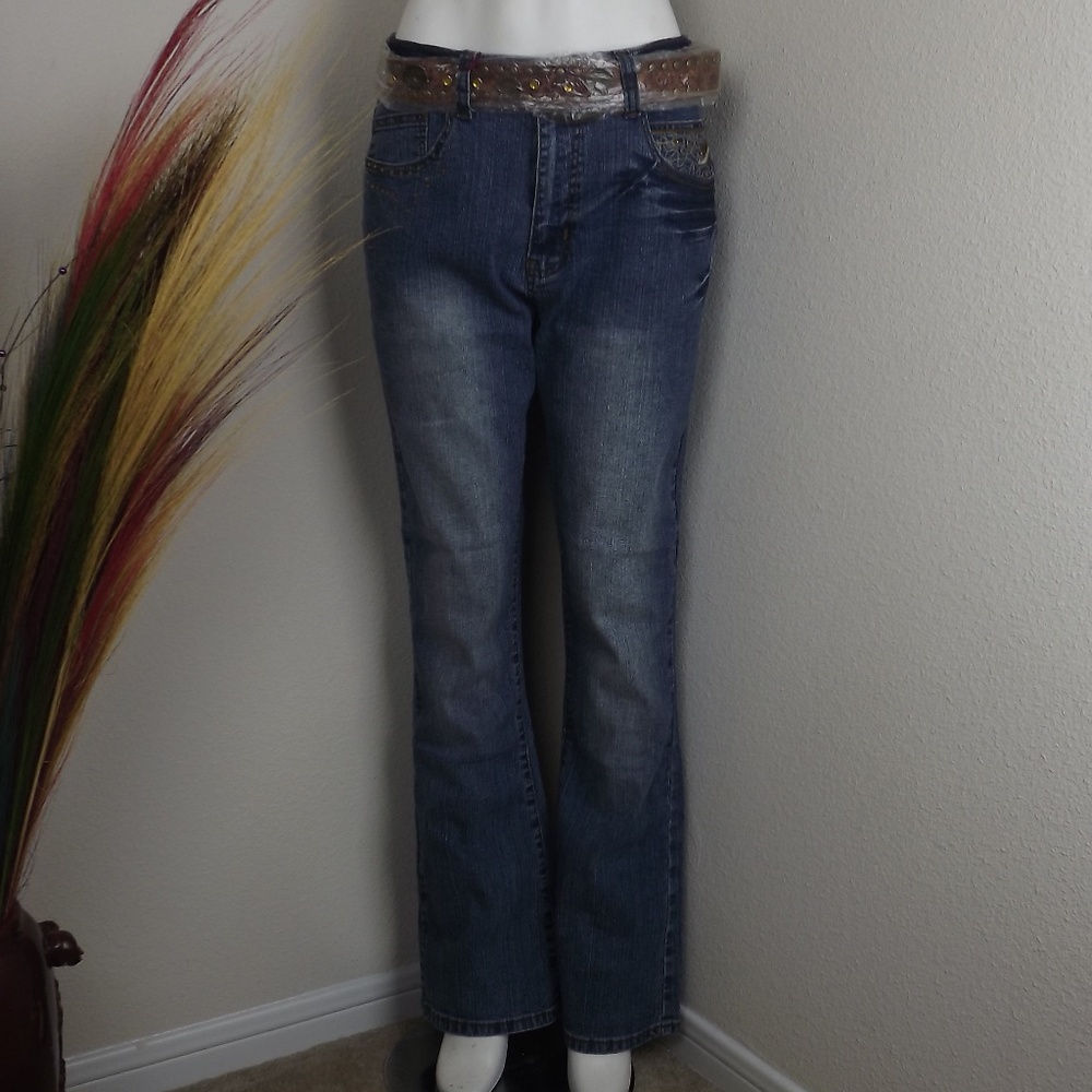 Medium Wash Blue Denim Jeans with Brown Belt